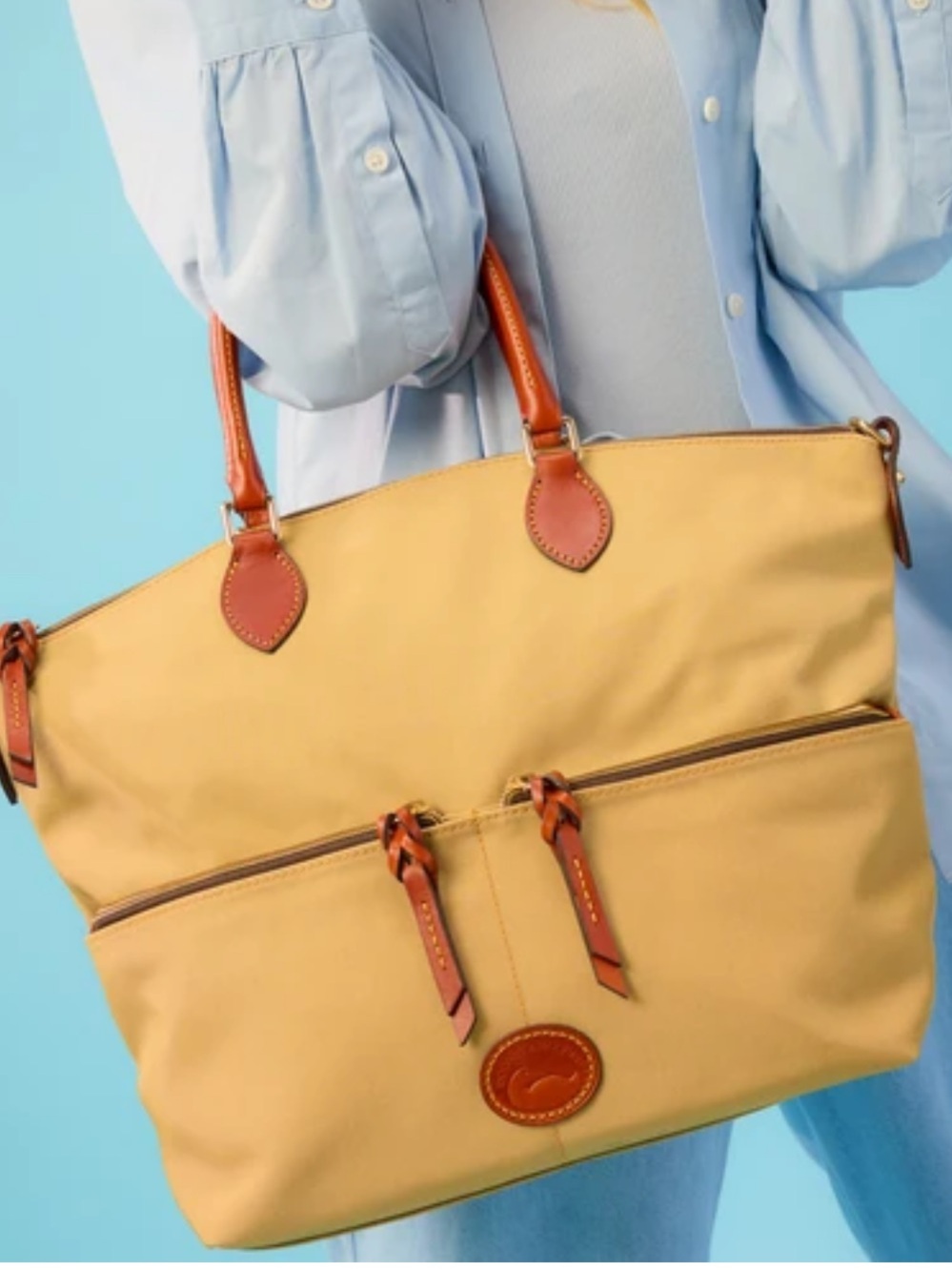 Dooney & Bourke Nylon Large Pocket Satchel - Mustard with Tan Trim